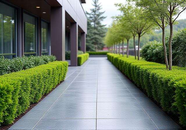 Clean lined commercial property walkway with manicured bushes