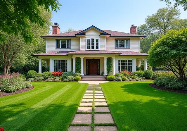 Wide shot of a completed front yard landscaping project