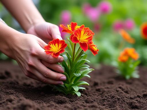 Gardener planting colorful tropical flowers in a garden bed
