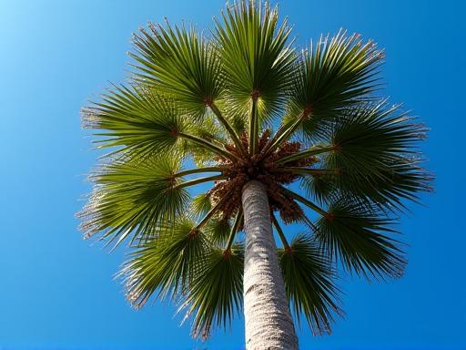Palm tree showing properly trimmed fronds against a blue sky